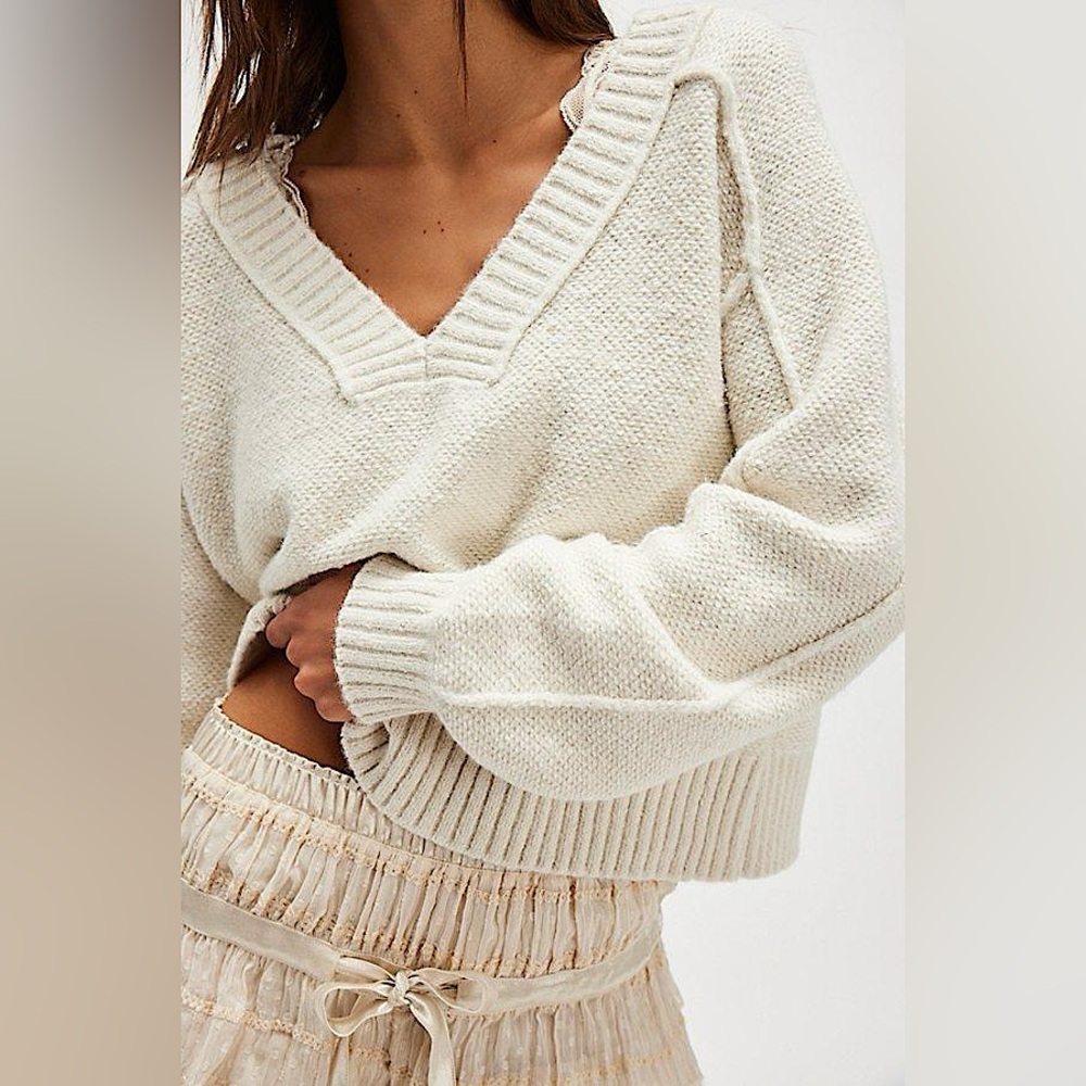 Free People Rae V-neck Sweater, ivory, size S
